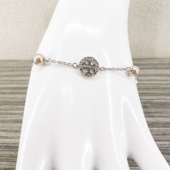 Tory Burch Crystal Logo & Imitation Pearl Station Bracelet Silver OS - Picture 13 of 15
